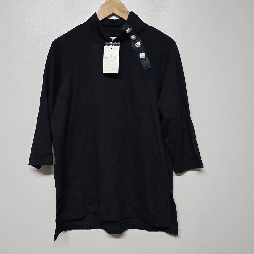 Holly Shae Georgia Black Embellished Tunic Top XS/M Mock Neck‎ Plaid Buttons NWT